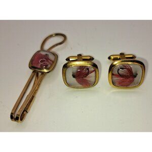 Vintage Men's Van Guard 3 piece Tie Bar Clip & Cufflink Set Fly Fishing